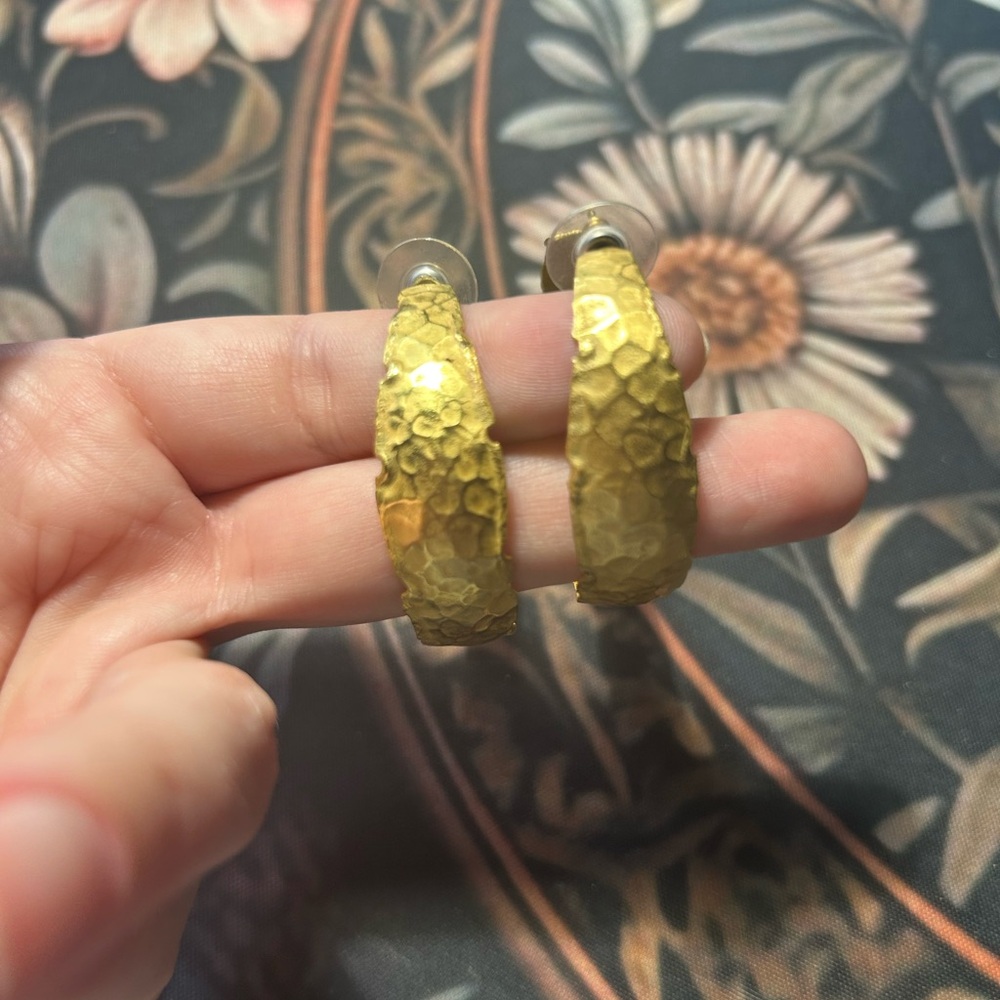 Hammered Gold Plated Bronze Hoop Earrings | Bronzallure, Italy | 80s